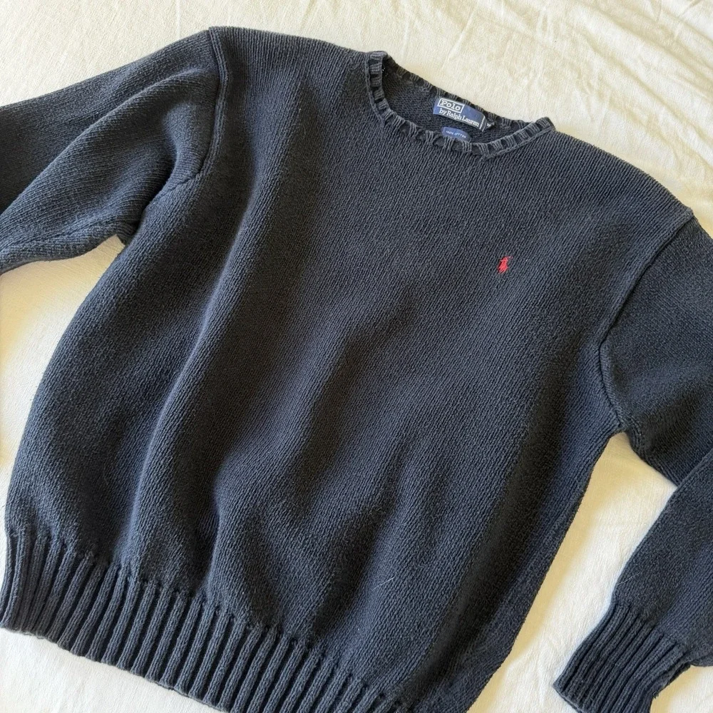 Vintage 90's Polo Ralph Lauren Knit Sweater XXL Navy Blue Red‎ Pony 100% Cotton